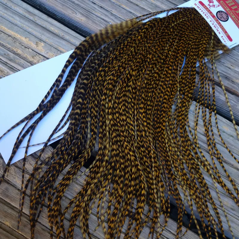 Whiting 1/2 BRONZE Grade Dry Fly Rooster Saddle in Grizzly Dyed Golden Olive-1